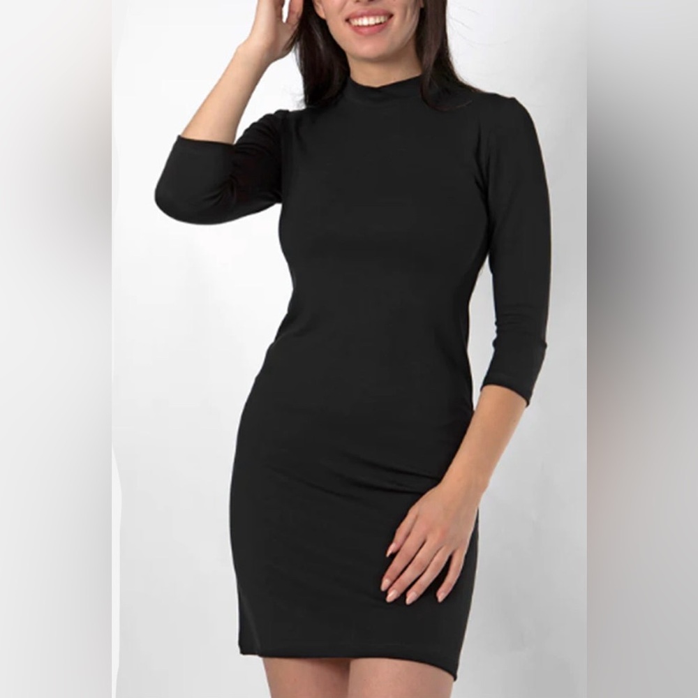 Cameo Black Sheath Dress with Mock Neck 3/4 Sleeves